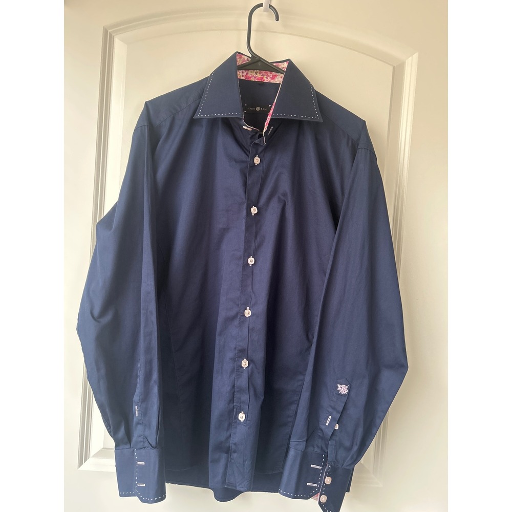 Stone Rose Mens Navy Blue Floral Trim Pick Stitch Button Down Shirt Size 4 Large